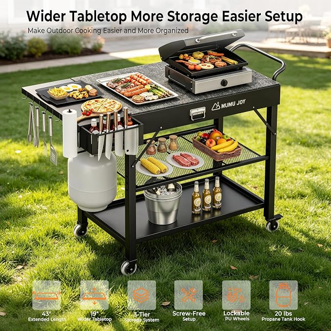 Grill Cart, 19 inch,3 Tier Foldable Grill Table with Wheels 500 Lb | Tool-Free Setup and Locking wheels Blackstone Table adds prep space for 17” or 22” Blackstone, Ninja, Cuisinart, Ooni Grills