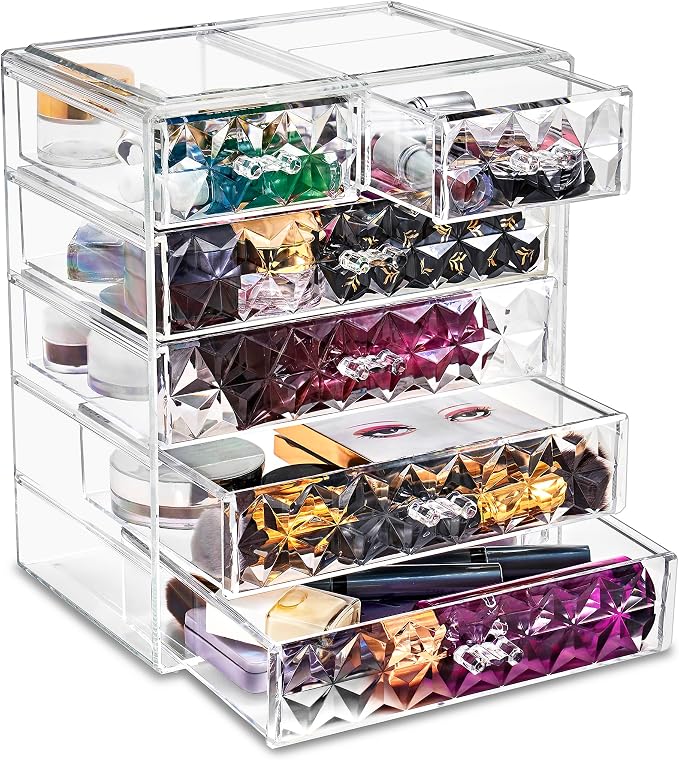 Sorbus Acrylic Makeup Organizer Set, 6-Drawer Vanity & Countertop Cosmetic Storage with Small & Wide Drawers, Diamond Makeup Storage for Brushes, Lipsticks, Jewelry – Holiday Gift for Women & Teens