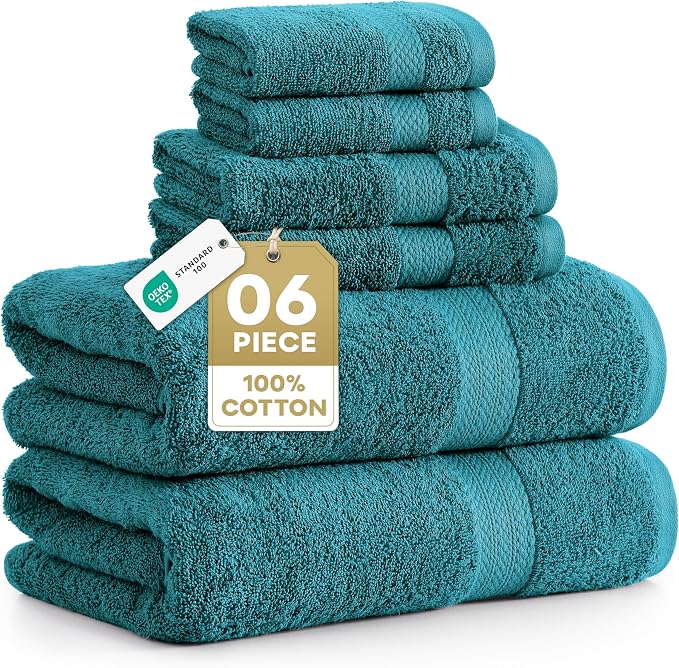 LANE LINEN Bath Towel Set 100% Cotton 6 Piece Soft Absorbent - Sea Port | Towel Set Of 6 - Ring-Spun Cotton, Terry Weave Comfort, Long-Lasting Comfort, Hotel-Style Look, Gets Softer With Every Wash