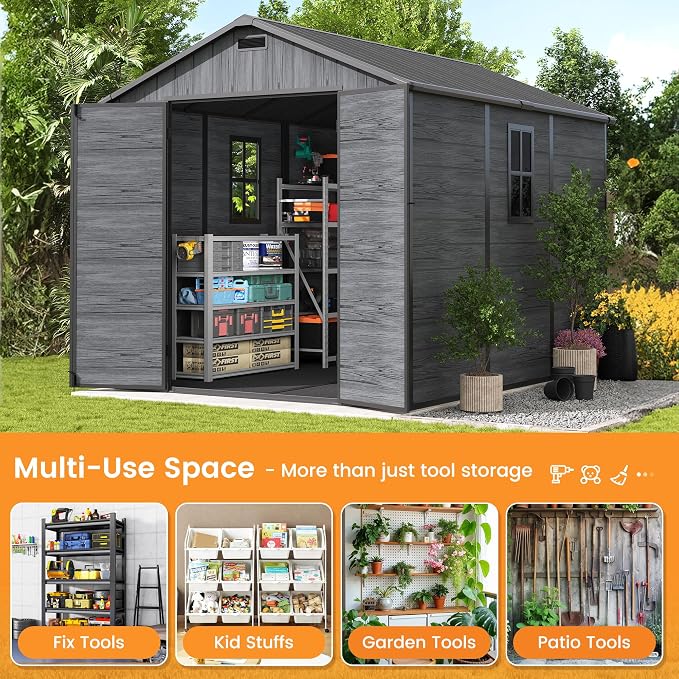 UDPATIO Outdoor Resin Storage Shed 8 x 10 FT, Plastic Storage Shed with Floor Large Outdoors Garden Tool Storage Shed Outside Clearance Shed with Lockable Door for Bike, Backyard, Patio, Dark Grey