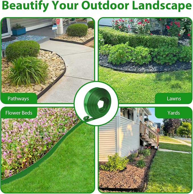 Landscape Edging Border 60 FT 2 Inch Tall with 120 Spikes, Plastic Edging for Landscaping, Garden Edging Border， Flower Bed, Paver and Lawn Edging Border, Green