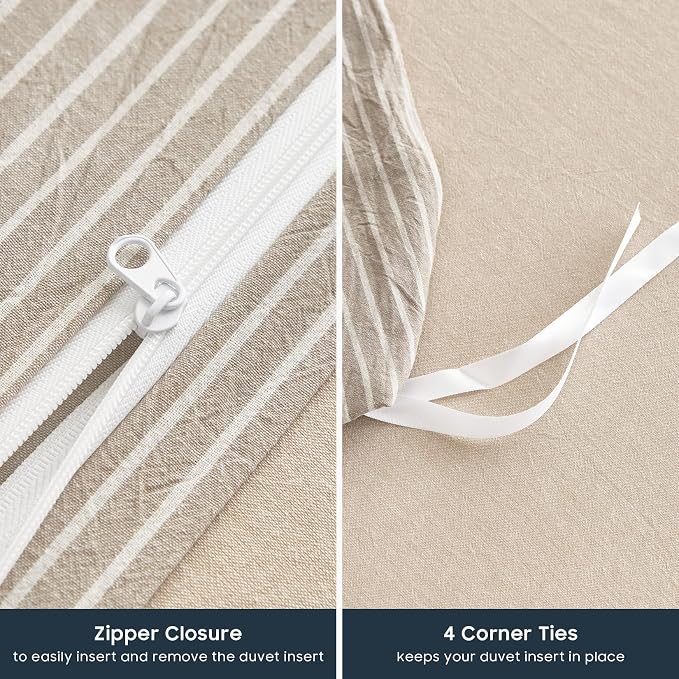 Wake In Cloud - Striped Cotton Duvet Cover Set, 100% Washed Cotton Textured Bedding Set, Ticking Stripe Pinstripe Farmhouse, 3 Pieces, Tan, Twin/Twin XL Size