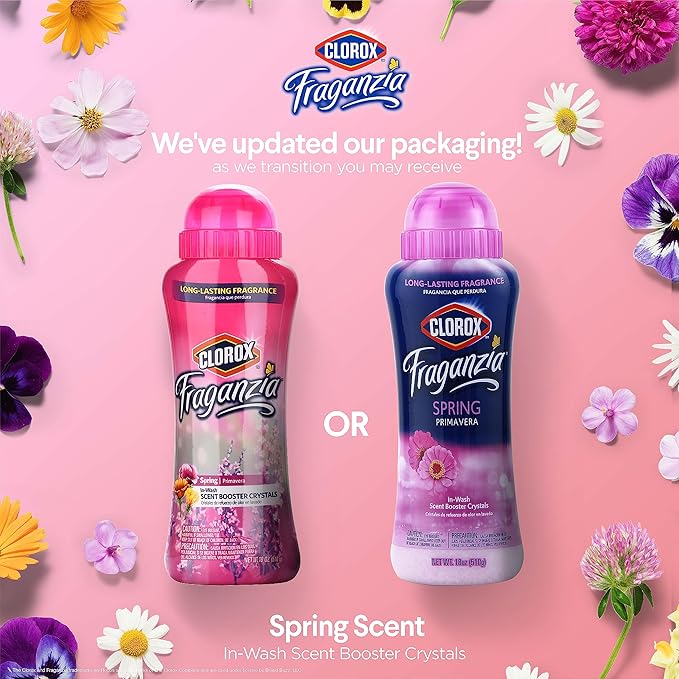 Clorox Fraganzia Laundry Scent Booster Crystals In-Wash Fragrance Beads Fresh-Smelling Clothes and Linens Safe All Fabrics and Colors Easy-Pour Bottle Spring Scent 18 OZ 2 Pack Twin Pack Value