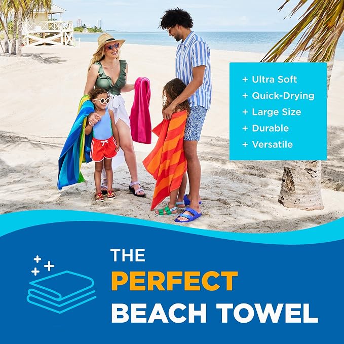 Kaufman - Soft Oversized Beach Towels in Bulk | 30" x 60" Velour Striped Beach Towel | Absorbent, Quick-Drying | 100% Cotton Thick Beach Towels (12-Pack)