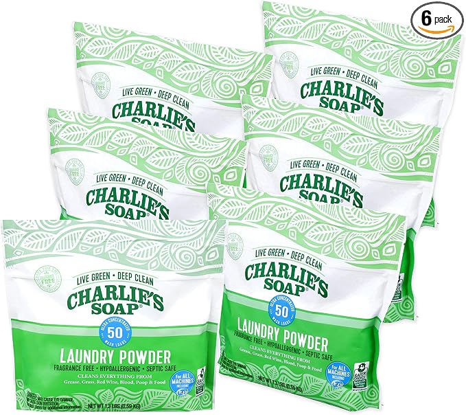 Charlie's Soap Unscented Laundry Powder, 300 Loads | Concentrated Detergent for Standard & HE Washers (Six 50-load Bags, 300 Total Loads)
