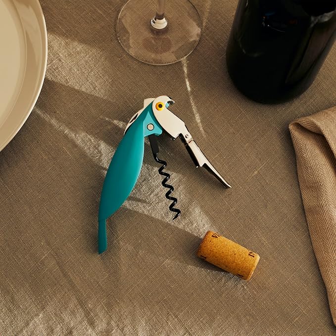 Alessi AAM32 AZ Parrot - Sommelier Design Corkscrew, Cast Aluminum and PC, Light Blue