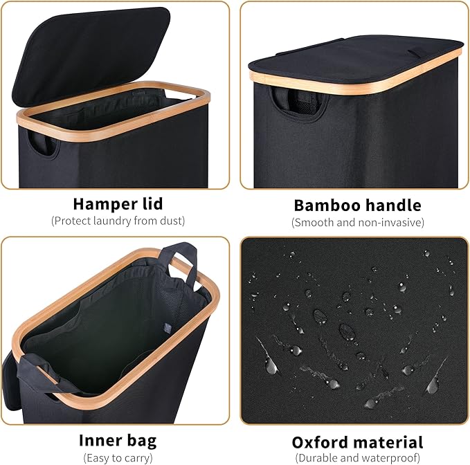IEGrow Laundry Hamper with Lid,65L Laundry Basket with Mesh Bags,Black | Dirty Clothes Hamper Basket with Bamboo Handle for Clothes Towels