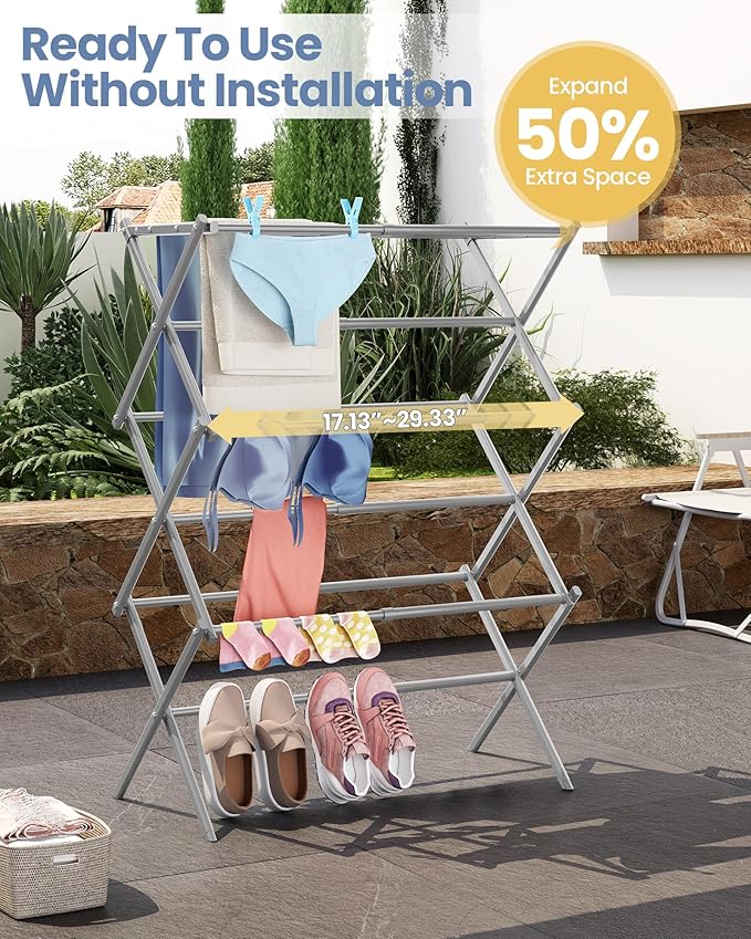 APEXCHASER Oversize Clothes Drying Rack, 3-Tier Drying Rack Clothing, Expandable Metal Laundry Drying Rack, Air Drying Rack, Clothes Rack, No Install, 24lb Capacity, 14.9" D x 29.3" W x 39.3" H, Grey