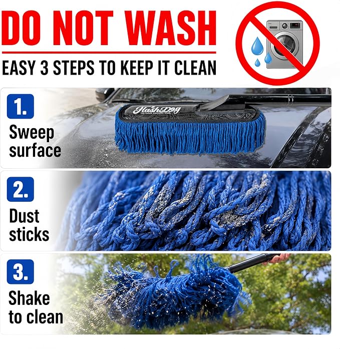 Flash Dog Car Duster Exterior – No Dust Scattering Auto Duster Brush with Classic Wood Handle, Wax-Treated Cotton Head, Scratch-Free, Reusable Dust Remover for Car, Truck, SUV