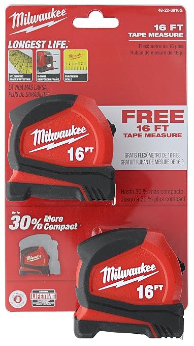 Milwaukee 48-22-6616G 2-Pack of 16’ Compact Tape Measures w/ Double-Sided Tape and Scoring Hook