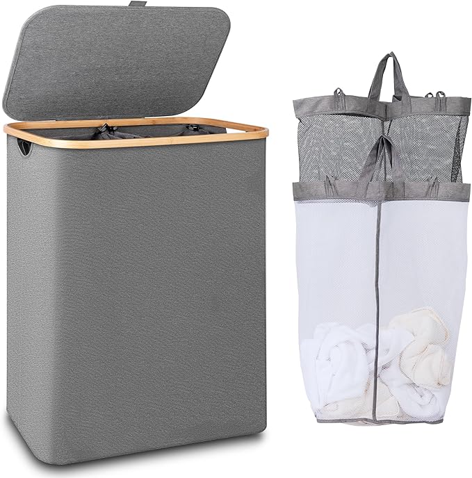 iEGrow 150L Laundry Hamper with Lid-Large Laundry Basket with Bamboo Handles, Grey Hampers for Laundry, Dirty Clothes Hamper with 2 Removable Inner Bags for Clothes Towels