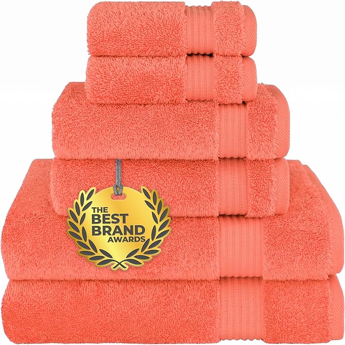 Cotton Paradise 6 Piece Towel Set, 100% Cotton Soft Absorbent Turkish Towels for Bathroom, 2 Bath Towels 2 Hand Towels 2 Washcloths, Coral Towel Set