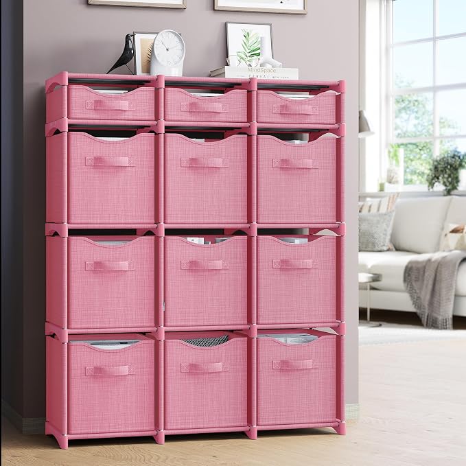 Cube Storage Organizer with 12 Storage Bins Included – Storage Cubes for Home Organization, Toy Storage, Office Storage, Living Room Storage, and General Storage Solution (Pink)