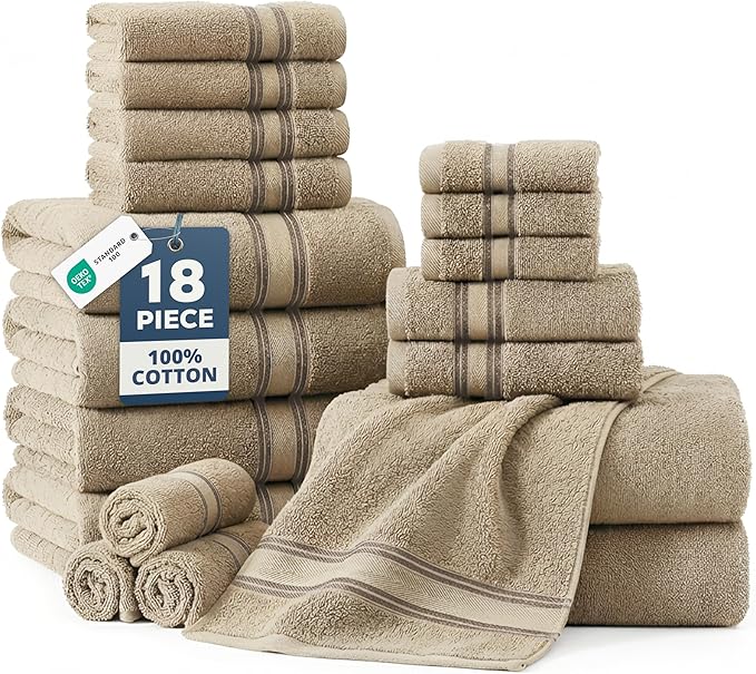 LANE LINEN Towel Set for Bathroom – 18-Pack 100% Cotton Towel, Zero Twist, Includes 6 Bath, 6 Hand & 6 Washcloth, Suitable for All Body Types, Soft & Quick Dry, Ideal for Airbnb & Spa - Tapue