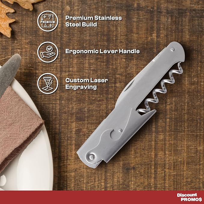 10 Valencia Stainless Steel Wine Bottle Openers Set - Corkscrew, Serrated knife, Perfect for Bars - Silver