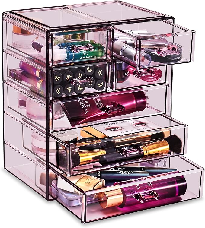 Sorbus Acrylic Makeup Organizer Set, 7-Drawer Vanity & Countertop Cosmetic Storage with Small & Wide Drawers, Purple Makeup Storage for Brushes, Lipsticks, Jewelry – Holiday Gift for Women & Teens