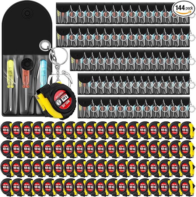 Jutom 144 Pcs Mini Tape Measure Keychain Bulk Mini Screwdriver Keychain Set Adult Tool Party Prize for Father's Men Gifts