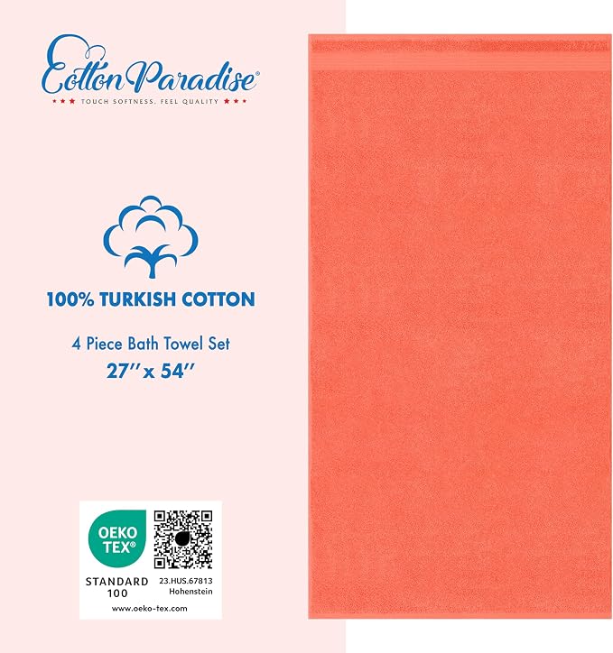 Cotton Paradise 100% Cotton Turkish Towel Set, Soft Absorbent Quick Dry, 4 Piece Bath Towel Set, Coral
