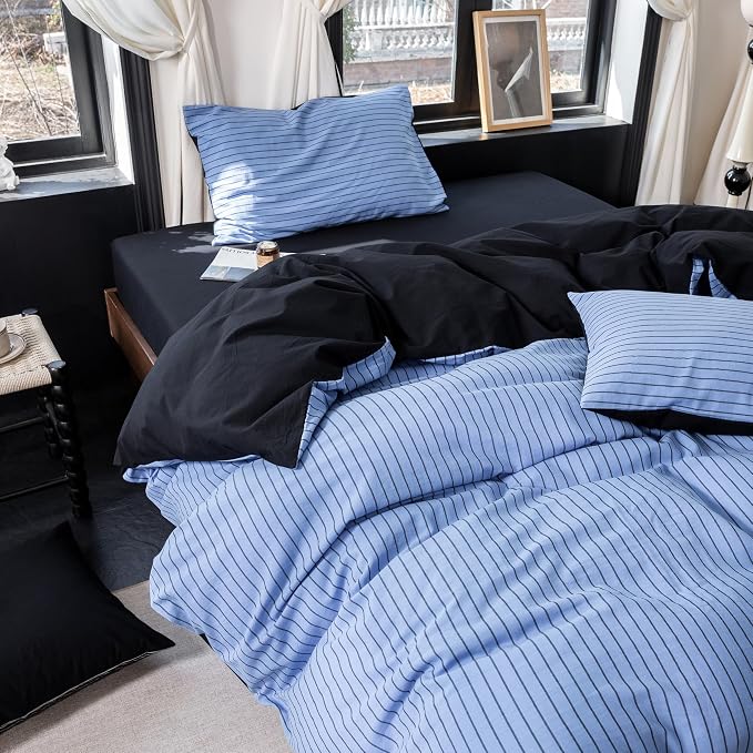 Reversible Duvet Cover Set 100% Washed Cotton Blue Stripe Linen Feel Duvet Cover Queen Size with Zipper Closure & 2 Pillow Shams, Blue/Black Stripe Reverse Solid Black
