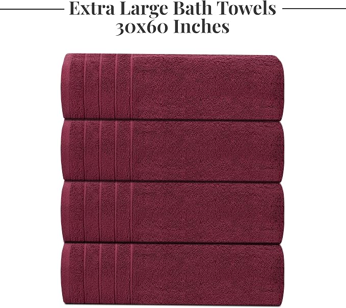 Tens Towels 4 Piece Extra Large Bath Towels 30 x 60 Inches, Burgundy | 100% Cotton, Larger & Lighter Weight, Quicker to Dry, Super Soft and Absorbent, Perfect for Bathroom