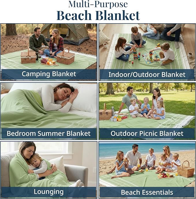 LANE LINEN Beach Blanket Sand Free, Turkish & Large Beach Towel - Jadelime | Sand Free Beach Blanket, 82"x82" - Great For Vacations, Parks & Concerts - Sand Slides Right Off - Roomy Family Size
