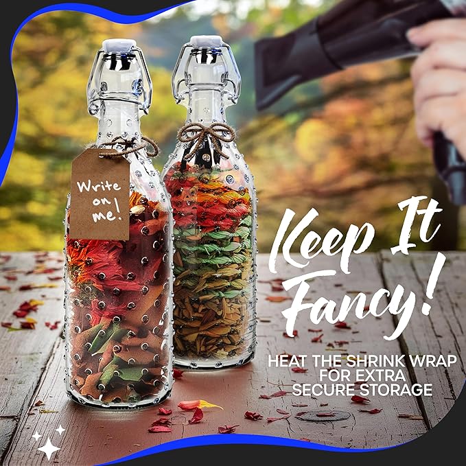 Nevlers 17 Oz Dotted Swing Top Glass Bottles with Airtight Lid | 12 Pack Flip Top Glass Bottle with Lids, Shrink Wrap, Funnel, Brush, Tags & Marker | Fermentation or Kombucha Bottles with Stoppers