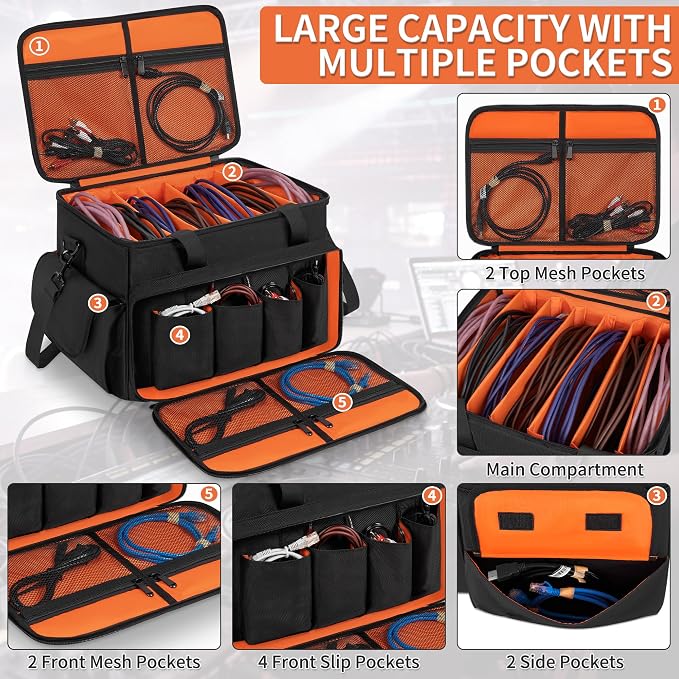 IBVIVIC DJ Cable File Bag with 6 Detachable Dividers High Capacity Gig Cable Bag for Cords,DJ Gear,Sound Instrument and Accessories