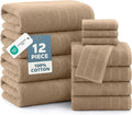 Casa Platino Bath Towel Set Quick Dry 100% Cotton 12 Piece Soft - Beige | Cotton Towels - Classic Terry Weave, Densely Woven, Coordinated Colors, Dobby Border Accent, OEKO-TEX Certified