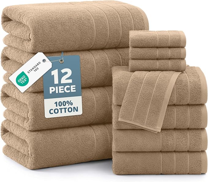 Casa Platino Bath Towel Set Quick Dry 100% Cotton 12 Piece Soft - Beige | Cotton Towels - Classic Terry Weave, Densely Woven, Coordinated Colors, Dobby Border Accent, OEKO-TEX Certified