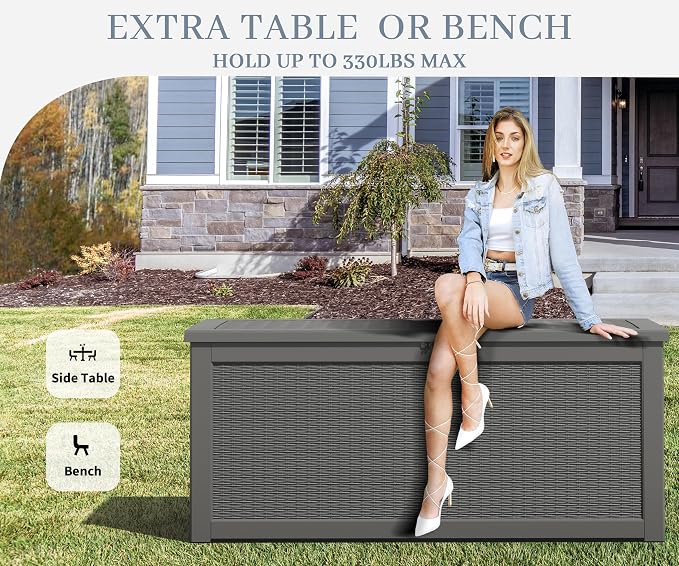 300 Gal Deck Box, Outdoor Storage Box Waterproof Lockable, Gas Lift,Grey | Large sturdy resin deck box, double wall panels, waterproof backyard storage for package delivery, garden hoses outdoor tools