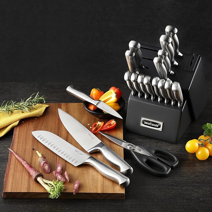 McCook Knife Set Sharp Kitchen Knife Block Set w Built-in Sharpener | German Forged Stainless Steel, 20 PC,Razor Sharp,Anti-Rust,Restaurant Grade,Ergonomic Handle,Full Tang, Gift Box