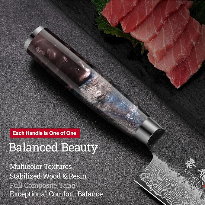 8.27'' Japanese Damascus Kiritsuke Knife, VG10 Steel Forged | Kurouchi Forged Finish, Damascus Stainless Steel Cladding, Flat Edge Push Cuts, Leather Sheath Included, Premium Gift Box