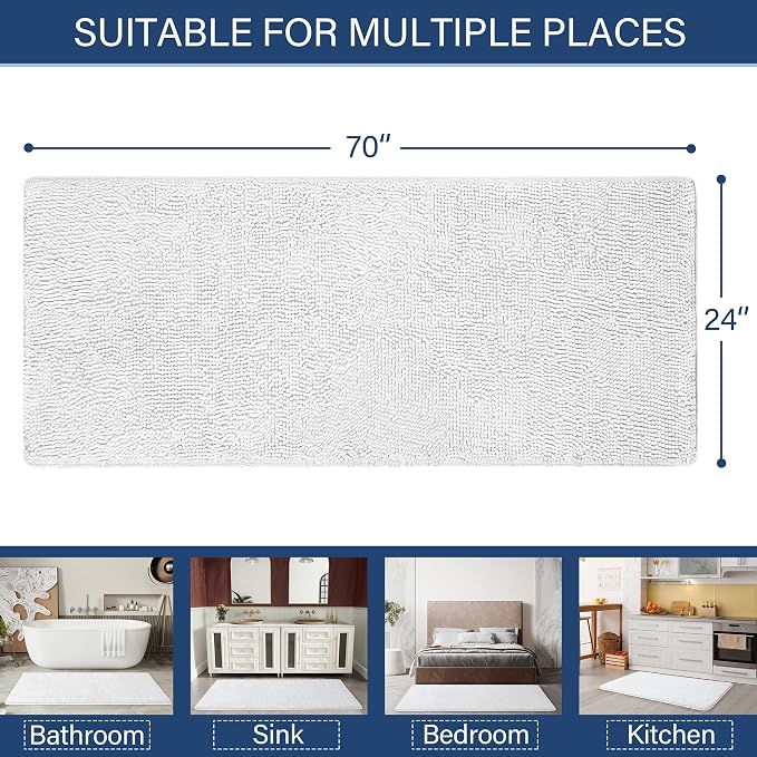 LOCHAS Luxury Bathroom Rug Shaggy Bath Mat 24 x 70 Inch, White | Washable Non Slip Bath Rugs for Bathroom Shower, Soft Plush Chenille Absorbent Carpets