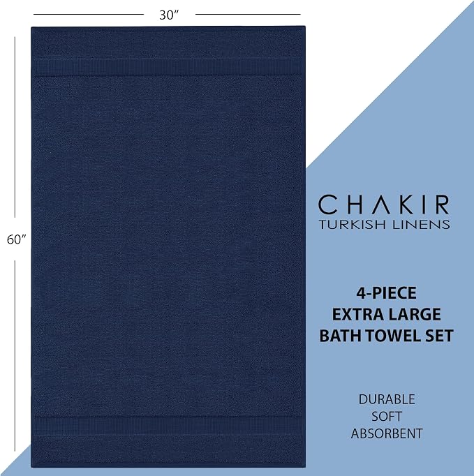 Chakir Turkish Linens 4 Piece Extra Large Bath Towels, 100% Cotton Luxury Turkish Towels for Bathroom, Soft Absorbent Bath Towels, 30 x 60 Inches, Navy