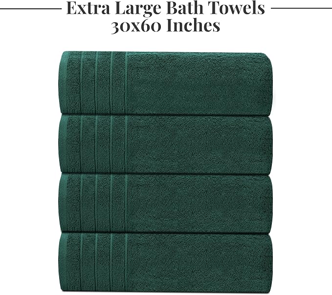 Tens Towels 4 Piece Extra Large Bath Towels 30 x 60 Inches, Hunter Green | 100% Cotton, Larger & Lighter Weight, Quicker to Dry, Super Soft and Absorbent, Perfect for Bathroom