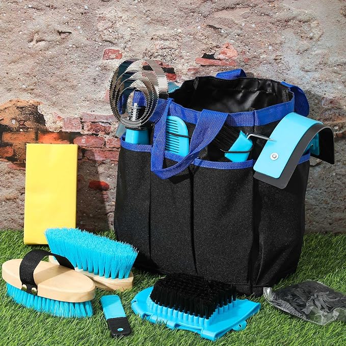 Abbylike 12 Piece Horse Grooming Kit with Organizer Tote Bag Brush Sets for Derby Day Show Horses Professional Tools for Care & Massage(Blue)