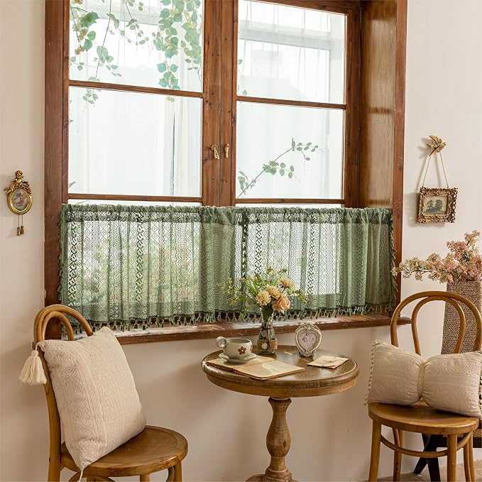 Sutuo Home Olive Green Boho Window Curtains Valance 18 inches Long 2 Panels, Farmhouse Lace Sheer Closet Decor Crochet Privacy Vintage Bohemian Tassels Retro Small Kitchen Curtains Rod Pocket, 50" W