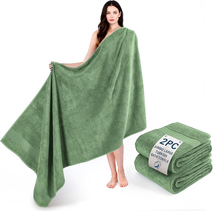 Cotton Paradise 100% Cotton Turkish Towel Set, Soft Absorbent Quick Dry, 2 Piece 35x70 Bath Sheet Set, Sage Green