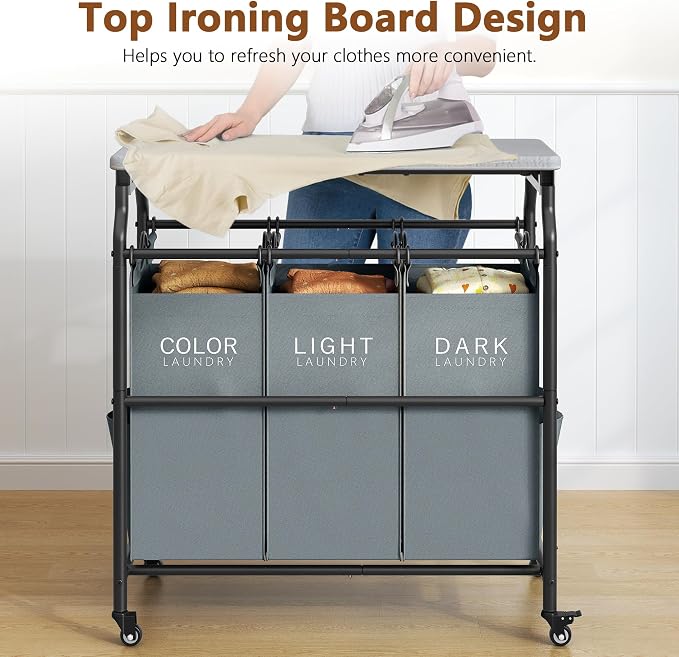 Hoctieon 3 Section Laundry Sorter with Iorning Board, Laundry Hamper, Gray | Lockable Wheels, Laundry Basket Organizer, Heavy Duty Clothes Separator, Removable Bags, Laundry Cart for Bedroom, Bathroom