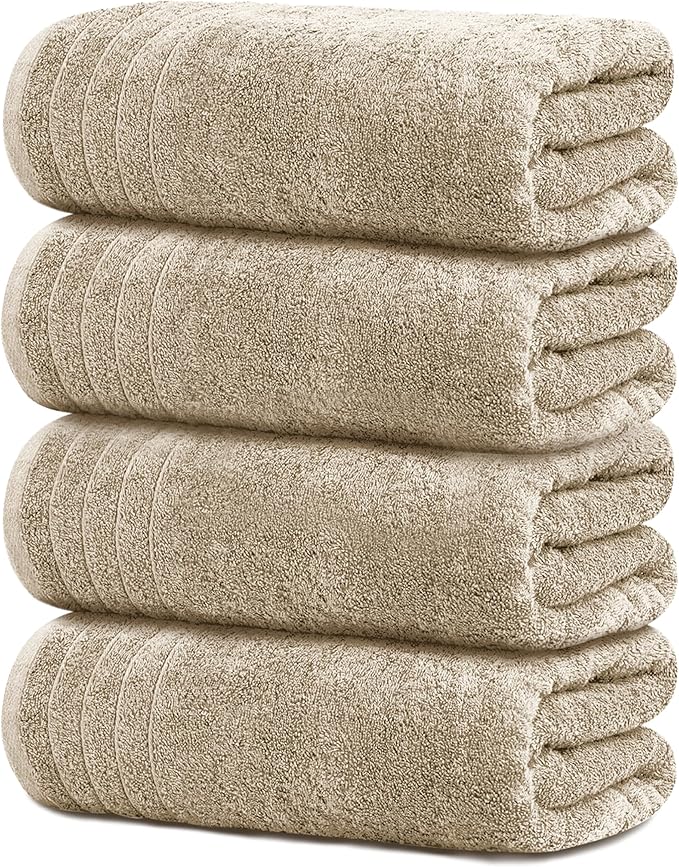 Tens Towels 4 Piece Extra Large Bath Towels 30 x 60 Inches, Beige | 100% Cotton, Larger & Lighter Weight, Quicker to Dry, Super Soft and Absorbent, Perfect for Bathroom