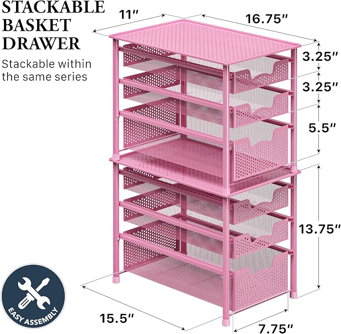 Simple Houseware Stackable 3 Tier Sliding Basket Organizer Drawer, Pink