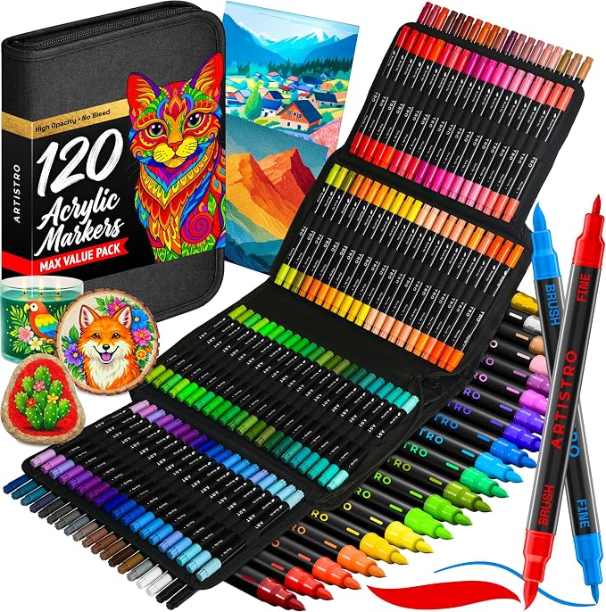 ARTISTRO Acrylic Paint Pens With Storage Bag for Calligraphy - Markers With Brush and Fine Precision Tips - Multisurface Painting for Fabric, Rock, Glass, and More (120 Markers, Dual Tip Brush + Fine)