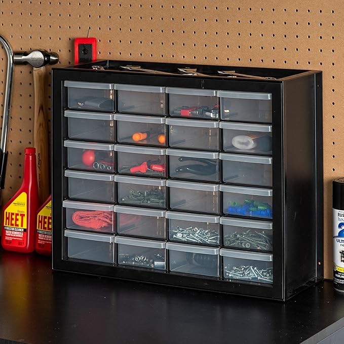 IRIS USA 24-Drawer Plastic Storage Organizer, Made in USA, Teacher Toolbox, Multi Drawer Cabinet For Garage Tools Beads Balloons Building Bricks Crafts Stickers Small Business Scrapbook Art, Black