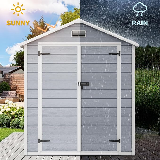 DWVO 6x4.4 FT Resin Storage Shed with Reinforced Floor, Outdoor Storage Shed with Lockable Door, Window and Vents, Waterproof Plastic Tool Shed for Garden, Backyard, Patio, Lawn