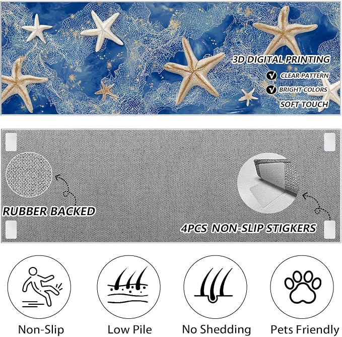 Watercolor Sea 2x6 Runner Rug for Hallway - Starfish Kitchen Runner Rug, Soft Non Slip Washable Long Rugs, Seaside Fishing Net Carpet for Corridor Entryway Bedroom Laundry