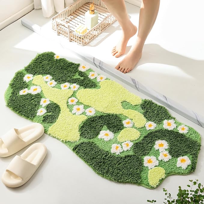 YIKUSH Bathroom Rugs Green Bath Mat Cute Moss Rug with Small White Flowers Non Slip Door Mat for Bedroom and Kitchen Soft Washable Rug Floral Bath Mats (43x20 inch)