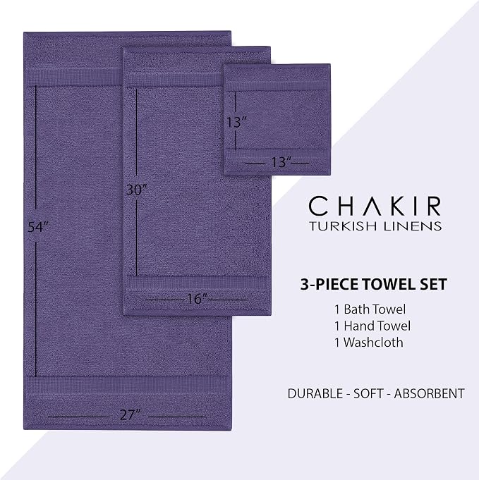 Chakir Turkish Linens Personalized 3 Piece Towel Set, 100% Cotton Luxury Turkish Towels for Bathroom, Soft Absorbent Towel Set with Bath Towel Hand Towel and Washcloth, Plum