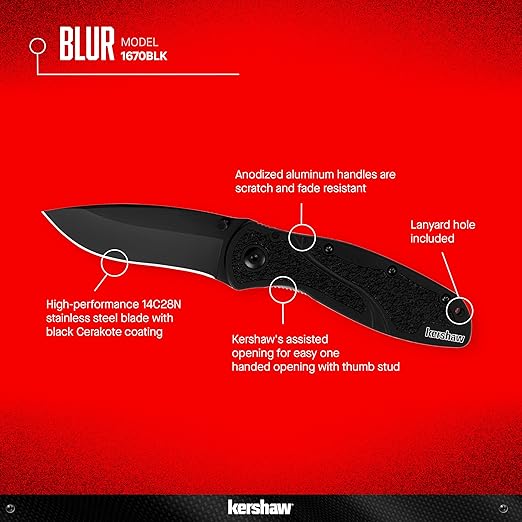 Kershaw Blur Pocket Knife, Black, 3.4 Inch Recurve Blade