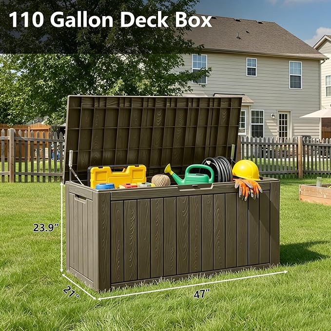 110 Gallon Waterproof Large Resin Deck Box, Lockable Large Outdoor Storage Box Indoor Outdoor Storage Container for Patio Cushions, Gardening Tools, Pool Supplies, Grey