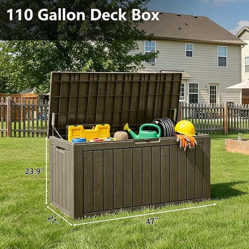 110 Gallon Waterproof Large Resin Deck Box, Lockable Large Outdoor Storage Box Indoor Outdoor Storage Container for Patio Cushions, Gardening Tools, Pool Supplies, Grey